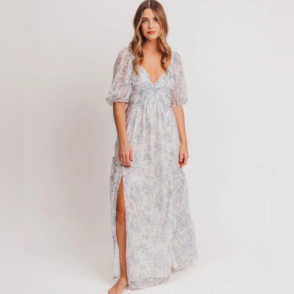Storia Blue Floral Maxi Dress- maternity dress baby shower